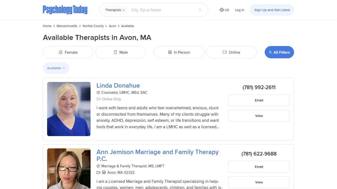 Find Available Therapists and Psychologists in Avon, MA - Psychology Today